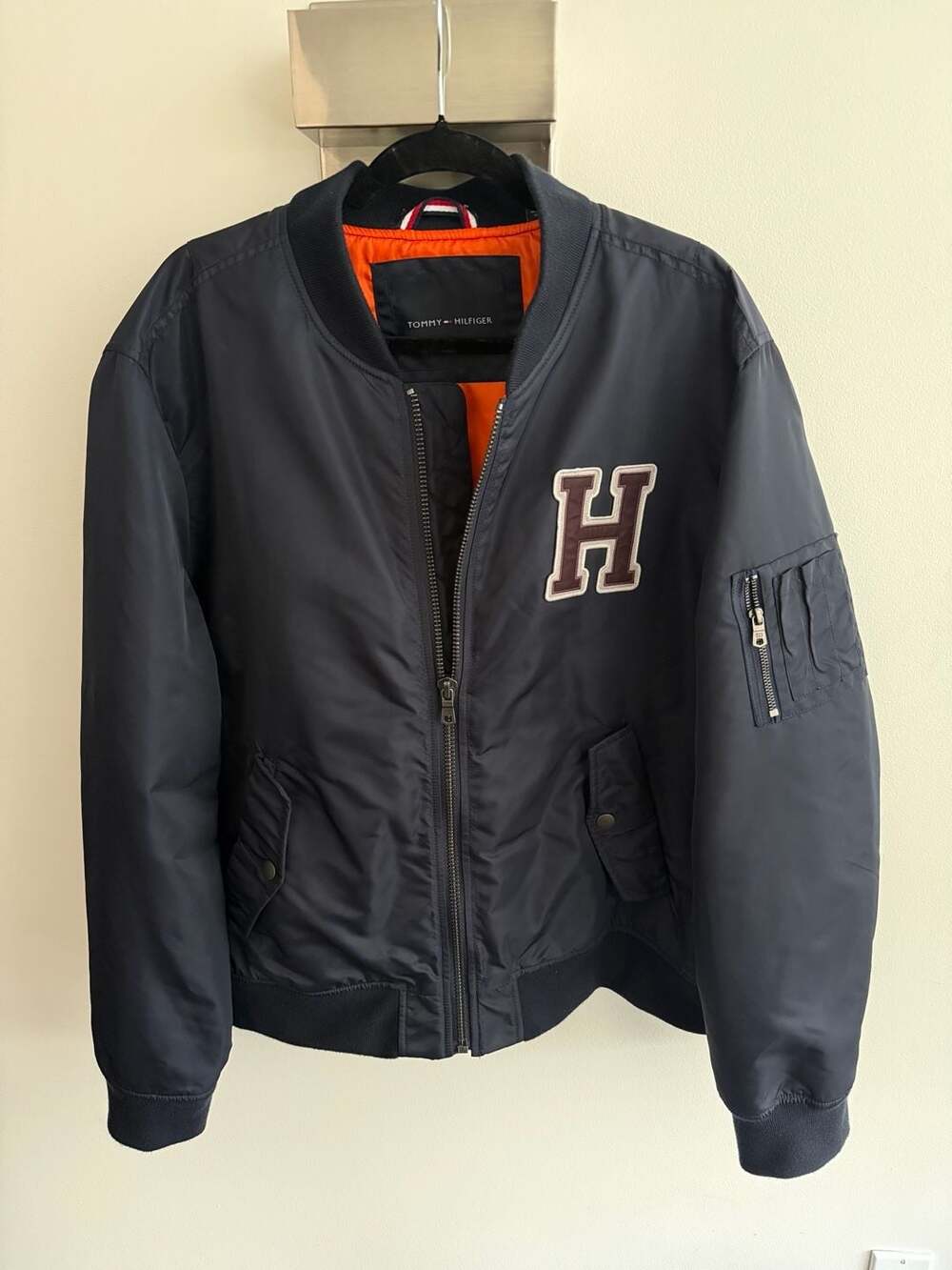Tommy Hilfiger Navy Blue Bomber Jacket with H Logo Patch Size XL